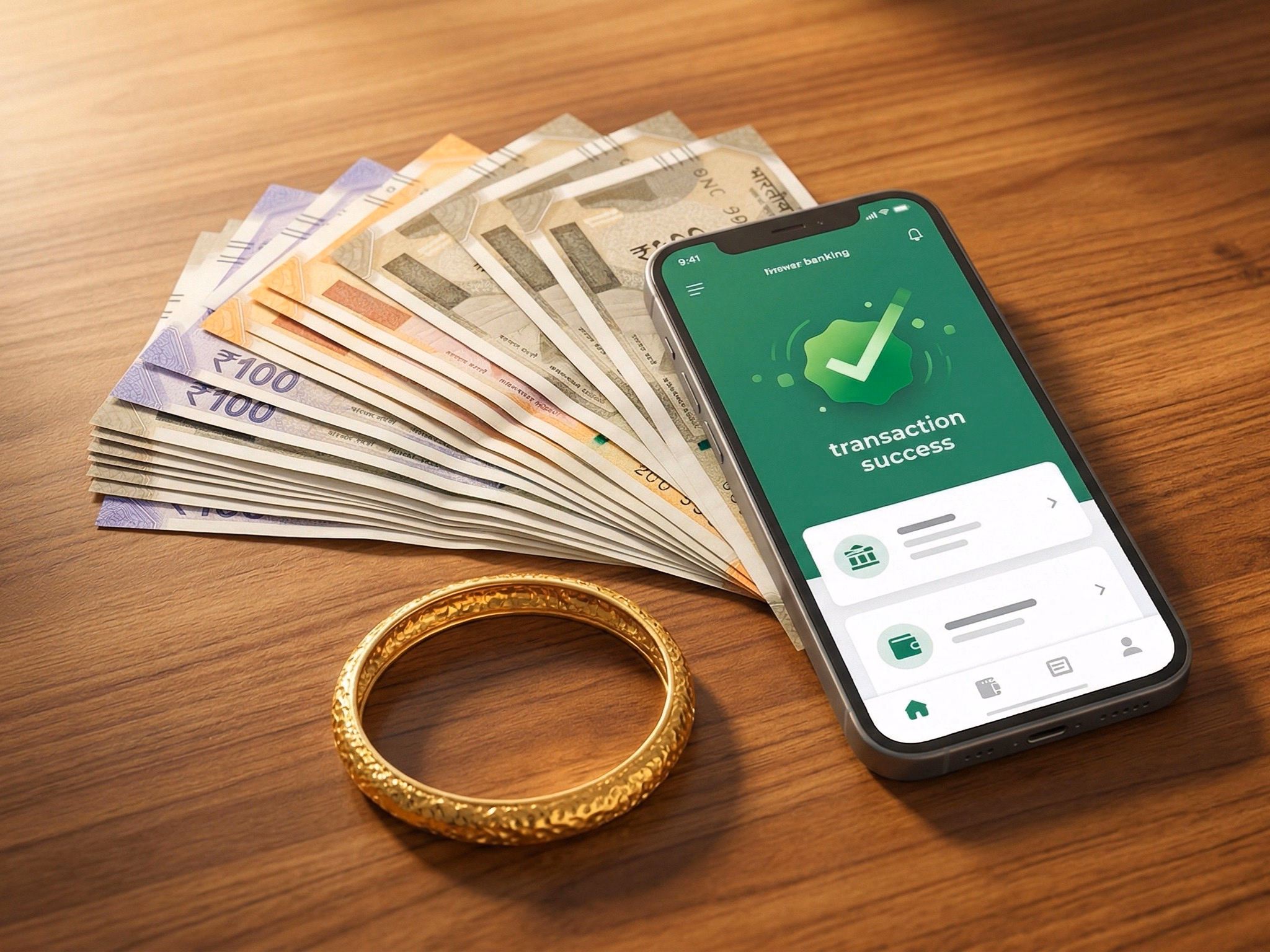 Smartphone showing successful bank transfer with gold jewelry nearby
