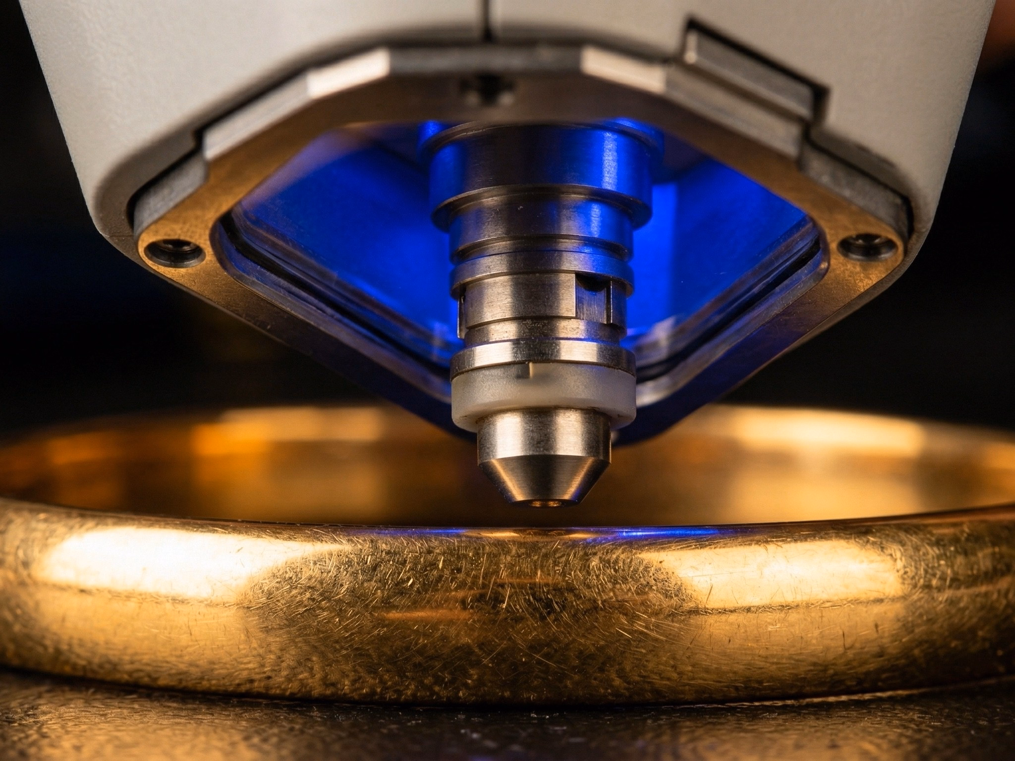 Close-up XRF testing machine scanning a gold bangle