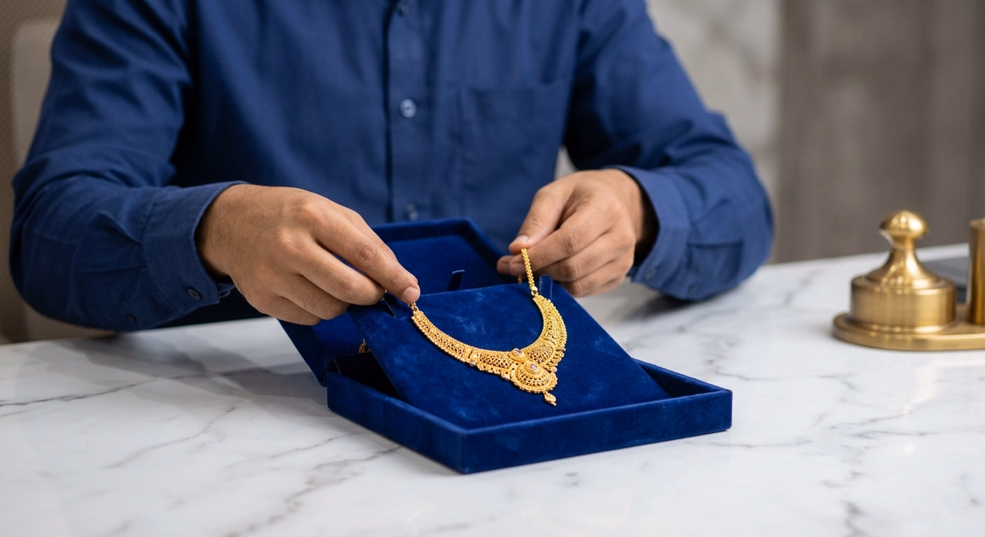 gold necklace placed on a jewellary box