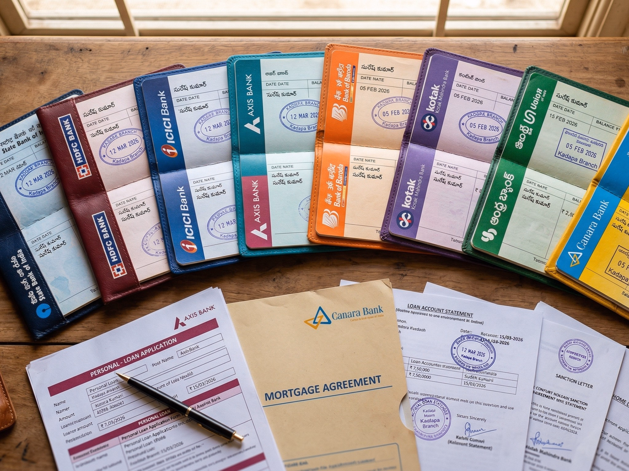 Different bank passbooks and loan documents arranged on desk